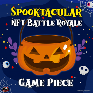 Game piece NFT Spooktacular NFT Battle Royale from metapep labs has a Halloween themed design featuring a pumpkin trick or treat basket and a spider web.