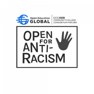 A hand print in black with the words open for antiracism and the OEGlobal and CCCOER logos