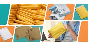 An image featuring a collage of MailerShop.ca's products on backgrounds using their brand colours.