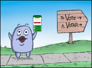 Cartoon character Brittany, in front of Vote sign pointing to polling place, holding up smart phone displaying Actual Vote app.