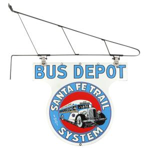 American 1940s Santa Fe Trail System Bus Depot double-sided porcelain sign, each side featuring a detailed image of a 1940s bus in the Santa Fe system (CA$10,030).