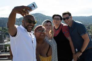  A picture of a group of friends on vacation with Royal Holiday Vacation Club taking a selfie.