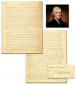 A War of 1812-dated autograph letter signed by Thomas Jefferson in which he derides Napoleon Bonaparte’s “capricious passions and commercial ignorance” but rejoices that the French are distracting the British. (est. $35,000-$45,000).