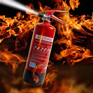Graphic image of a 2L Firexo fire extinguisher with extinguishant dispersing out