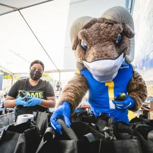 LA Rams Mascot Rampage and APCH staff member put cucumbers in bags to distribute to families in South Central