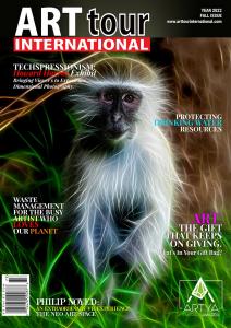 Cover of Arttour International Fall issue. The magazine cover have an image of a monkey directly looking at the lense of the camera. The monkey image is enhance through digital  technique called techpressionism  by Master artist Howard Harris