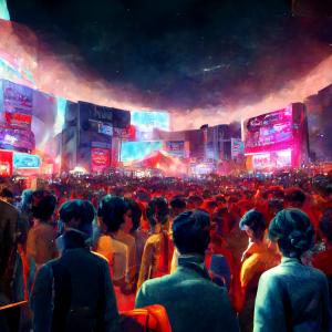 The Metaverse Music Festival - A big crowd gathers to witness a huge concert on multiple screens inside the digital VR world.