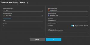 Cloudiway UI with teams migration, select Slack channel source and Teams destination.