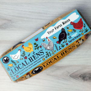 blue and yellow egg carton with cardboard top and hand-drawn chickens