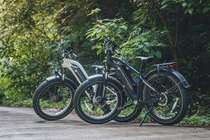 White and Midnight Blue Electric Mountain Bikes