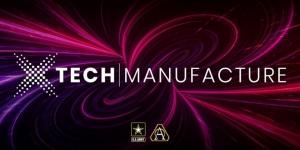 XTech Manfucature is written on a black background with a pink geometric design and the US Army logo underneath.