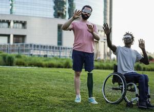 people with disability having fun with augmented glasses