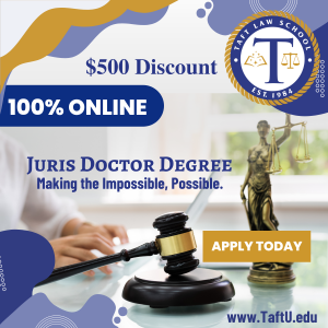Taft Law School $500 Limited Time Discount. Person Typing with Gavel and Scales of Justice on Desk