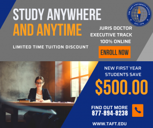 William Howard Taft University $500 Limited Time Discount. Woman studying at desk next to window.