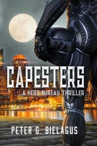 A book cover that depicts a man in black holding a motorcycle helmet at his side looking over orange lights emanating from a city at night. The title: ' CAPESTERS: A Hero Bureau Thriller' reads across the cover.