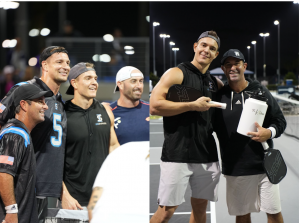 Ryan Sherry, Rob Gronkowski, Chris Gronkowski, and AJ Koller smile big after a recent pickleball match in Orlando.