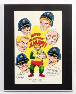 Original 1980 birthday card drawing by Dave Cockrum for Andy Yanchus’s 36th birthday, decorated with the Blackhawk team and Chop Chop holding a birthday cake (est. $1,000-$2,000).