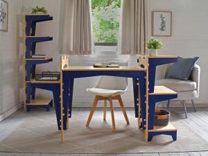 Form, function & a bold splash of color in this adaptable, sustainable work from home desk. Space saving design includes adjustable height top & accessories with ample storage. Small space approved!