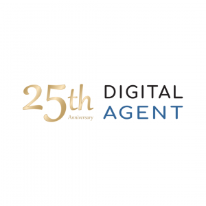 Digital Agent 25th Anniversary Logo with "25th Anniversary" written in gold script, the word Digital in black all-caps geometric text, and the word Angent in blue all-caps geometric text.