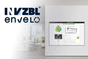 A TV on a wall shows INVZBL-Envelo building health ratings, with the INVZBL-Envelo logo