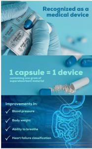 Recognized as a medical device. 1 capsule = 1 device. Improvements in blood pressure, body weight, ability to breathe, heart failure classification.