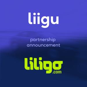 Picture has the logos of Liigu and Liligo, between them the words "partnership announcement". behind them is a gradient background with a blurry car. The upper part of the background is Liigu's signature purplish-blue, which gradually changes to Liligo's 