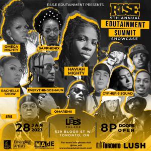 A group flyer with all of the artists who are in the 9th RISE EDUTAINMENT SUMMIT SHOWCASE