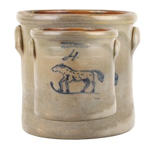 Four-gallon stoneware crock, circa 1870, by G. I. Lazier (Picton, Ontario), desirable because few examples of decorated stoneware featuring animals exist (est. CA$12,000-$15,000).