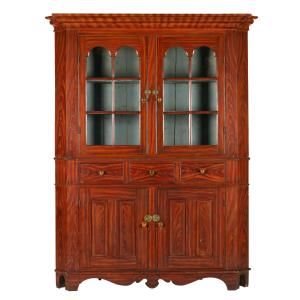 Exceptional Waterloo County (Ontario) two-piece corner cupboard with original muted red and amber paint, 84 ½ inches tall by 65 ¾ inches wide (est. CA$6,000-$9,000).