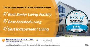 Exterior image of The Village of Mercy Creek, with Readers' Choice Award badges to the right, recognizing Best Senior Living, Best Assisted Living, and Best Independent Living Communities