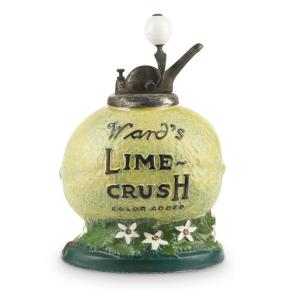 Ward’s Lime Crush syrup dispenser (American, 1920s), porcelain with a silver-plated pump, 14 inches tall, the most difficult version to find (CA$5,605).