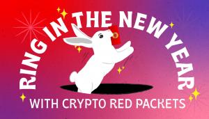 A bunny jumping out of a hole holding a Lunar New Year red packet