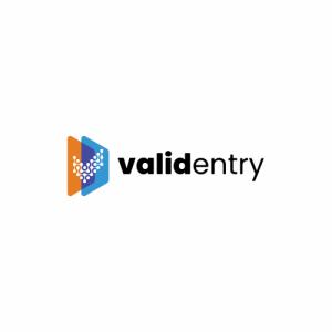 Validentry logo, featuring the company name in bold blue text with a stylized red and blue shield symbol to the left.