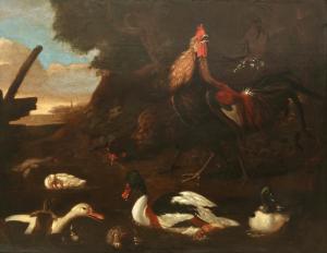 Oil on canvas painting by Francis Barlow (British, 1626-1702), titled A Cockerel, Hen and Ducks (est. $15,000-$20,000)