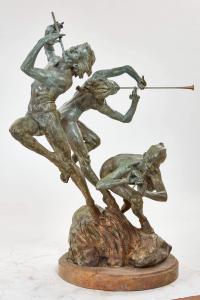 Verdigris bronze and marble sculpture by Richard MacDonald, titled Joie de Vivre Trilogy (1999) (est. $8,000-$12,000).