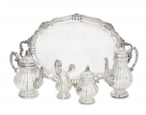 Four-piece 20th century Buccellati sterling silver tea service with two-handled tray (est. $5,000-$7,000).