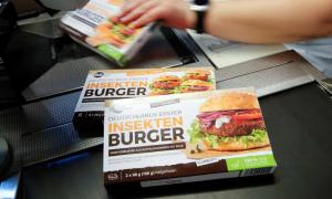 Deutschland Erster’s Insekten Burger is being sold at an Aachen supermarket. Photograph: Wolfgang Rattay/Reuters