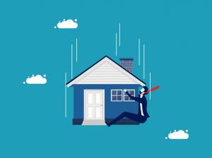 Vector of a man on a falling house on a blue background