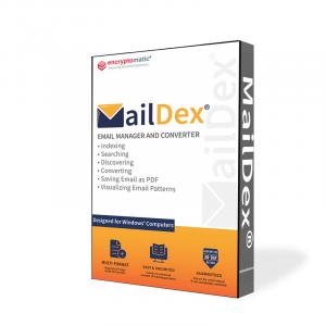 A software box illustration of MailDex email manager and converter
