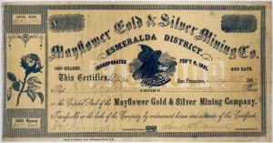 Mayflower Gold & Silver stock certificate datelined 1861 in San Francisco, for 20 shares. Mayflower was in California, Utah or Nevada when it was incorporated (est. $450-$800).
