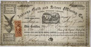 Indiana Gold & Silver Mining Co. (Virginia) stock certificate #106 from 1863, for 10 shares, signed by the renowned bully Bartholomew Shay as secretary (est. $600-$1,000).