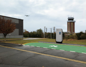 A render of a REVO ZERO hydrogen dispenser at an airport.