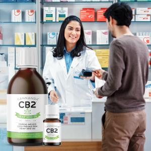 Cannanda pledges to keep their CB2 oils affordable with a price freeze. Image of a customer buying CB2 oil from a pharmacist.