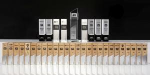 Eight trophies and the Product of the Year award stand above 26 other trophies.