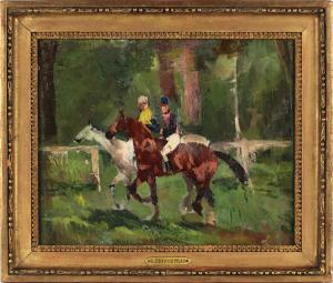 Oil on canvas painting attributed to Rene Pierre Charles Princeteau (French, 1843-1914), titled Jockeys and Horses. (est. $5,000-$7,000)