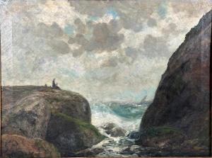 Oil on canvas painting by Pittsburgh native artist Joseph Ryan Woodwell (1843-1911), titled Magnolia, Massachusetts, Coastline with Two Figures, signed (est. $5,000-$8,000).