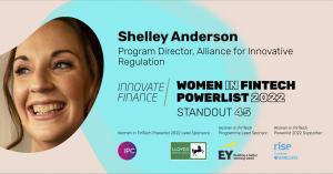 Photograph of Shelley with Women In Fintech Powerlist branding