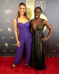 Actress and former Price is Right model Gwendolyn Osborne with Emmy-nominated Black Panther actress Janeshia Adams-Ginyard on the red carpet at The 5th Annual Best You Awards Ceremony and Charity Gala. 
