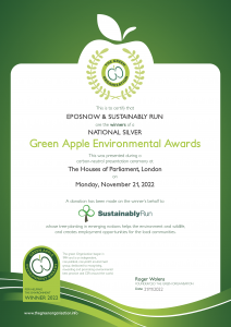 A certificate from The Green Organisation, awarding Epos Now and Sustainably Run as winners of a national silver Green Apple Environmental Awards, presented at The Houses of Parliament, London, on 1 November 2022.