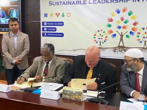 Left to right: Professor Atiqul Islam, Vice-Chancellor North South University; Professor Scott Bowman, Vice-Chancellor Charles Darwin University; Md. Monirul Islam, Joint Secretary, SDG Affairs sign the new MoU